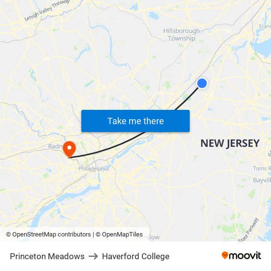 Princeton Meadows to Haverford College map