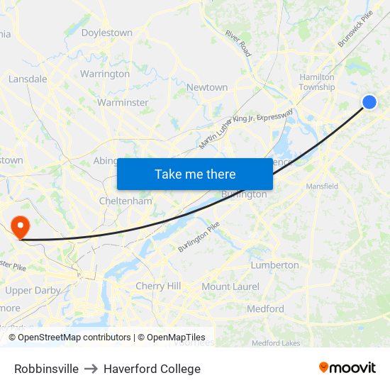Robbinsville to Haverford College map