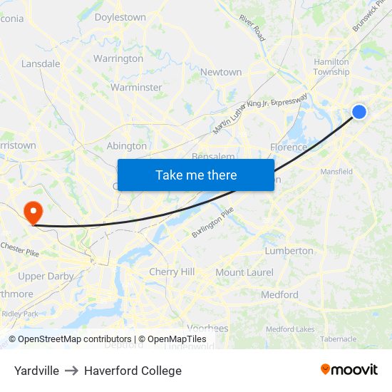 Yardville to Haverford College map