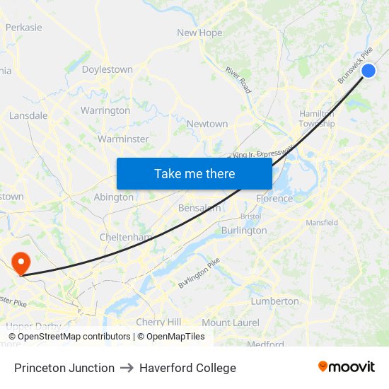 Princeton Junction to Haverford College map