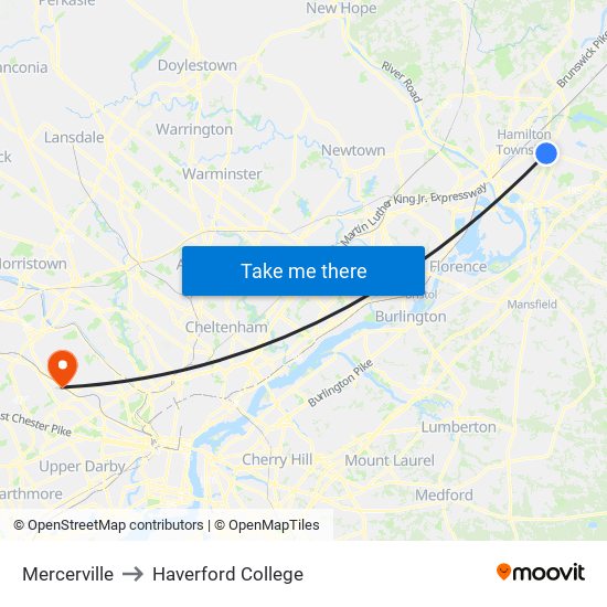 Mercerville to Haverford College map