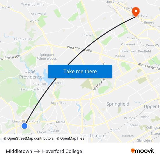 Middletown to Haverford College map