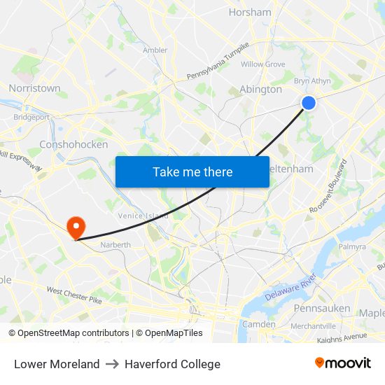 Lower Moreland to Haverford College map