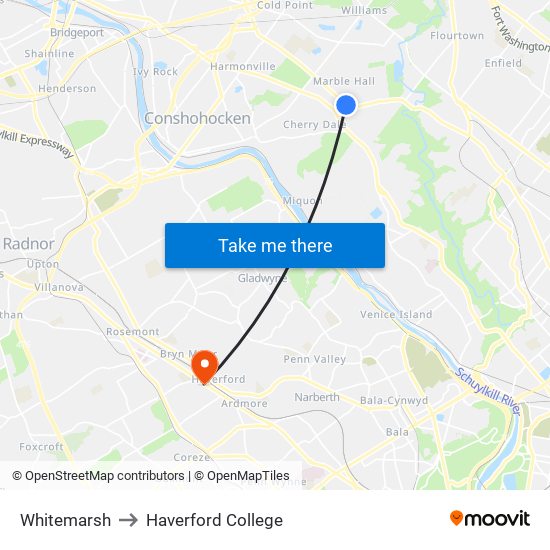 Whitemarsh to Haverford College map