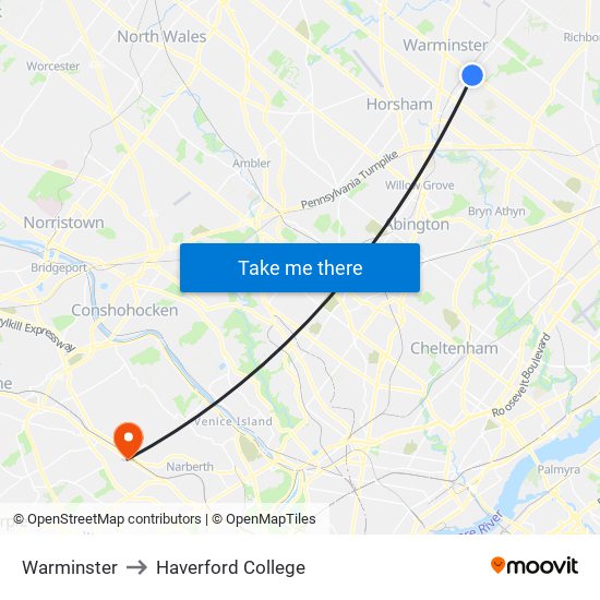 Warminster to Haverford College map