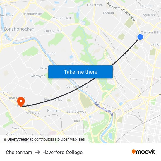 Cheltenham to Haverford College map