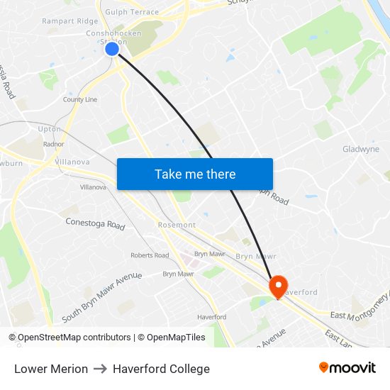 Lower Merion to Haverford College map
