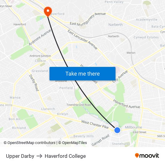 Upper Darby to Haverford College map