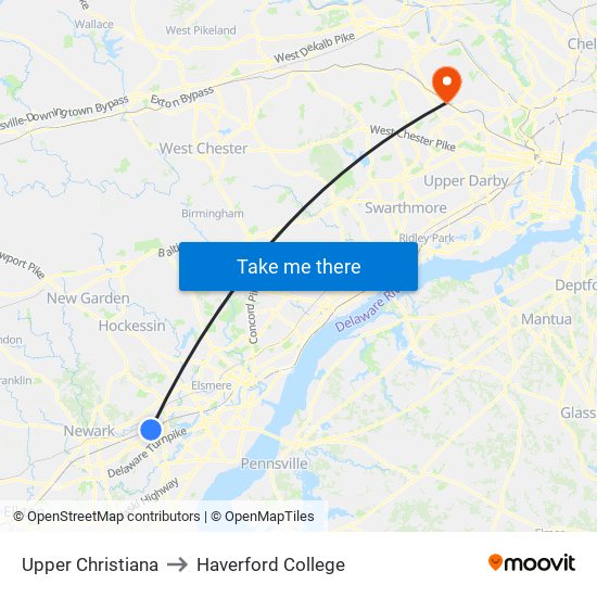 Upper Christiana to Haverford College map