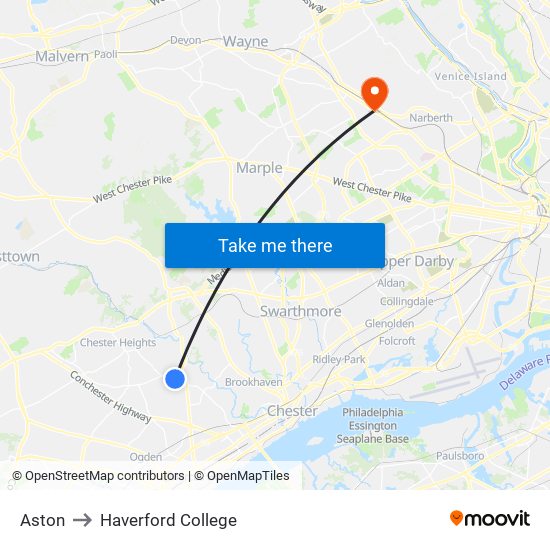Aston to Haverford College map