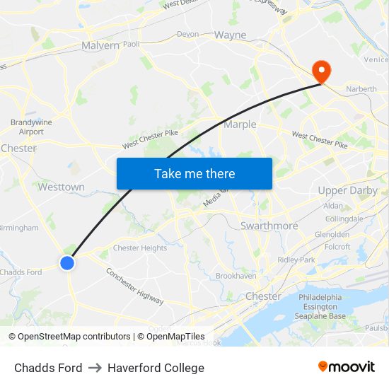 Chadds Ford to Haverford College map