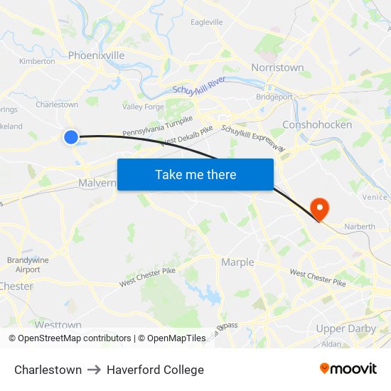 Charlestown to Haverford College map