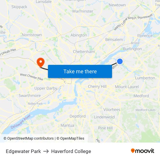 Edgewater Park to Haverford College map