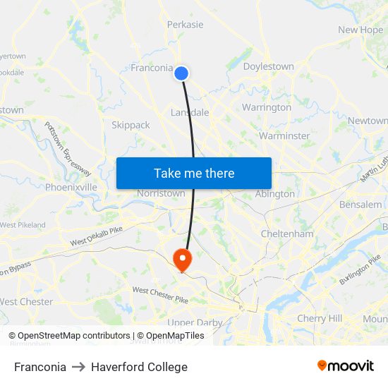 Franconia to Haverford College map