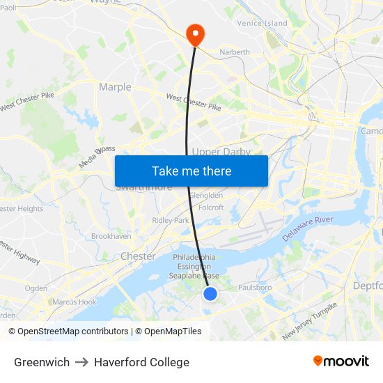 Greenwich to Haverford College map