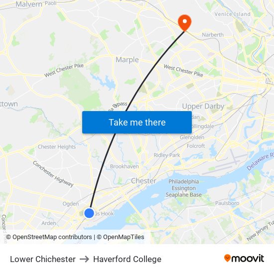 Lower Chichester to Haverford College map