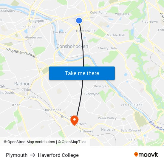 Plymouth to Haverford College map