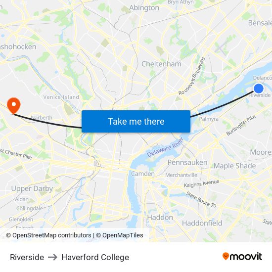 Riverside to Haverford College map
