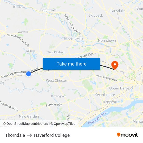Thorndale to Haverford College map
