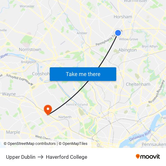 Upper Dublin to Haverford College map