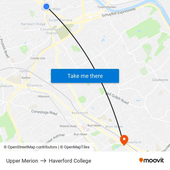 Upper Merion to Haverford College map