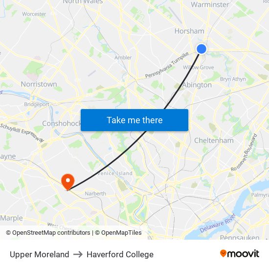 Upper Moreland to Haverford College map