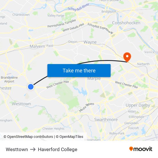Westtown to Haverford College map
