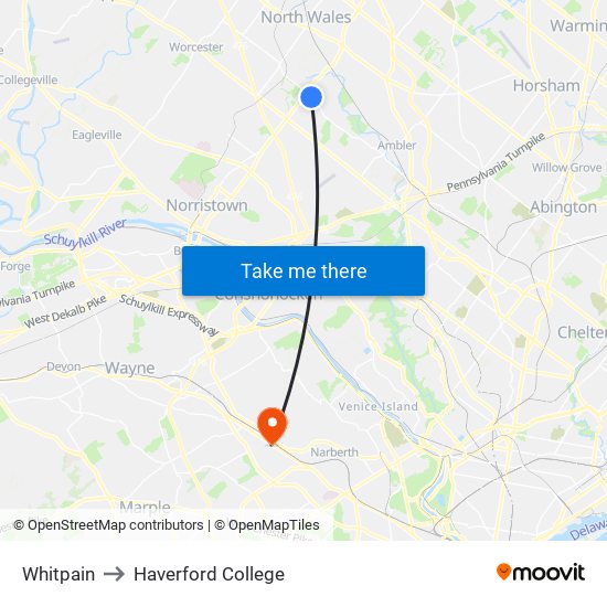Whitpain to Haverford College map