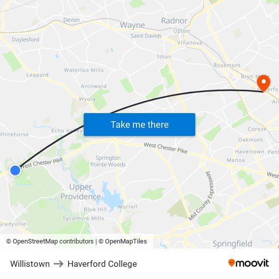 Willistown to Haverford College map