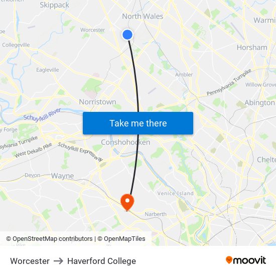 Worcester to Haverford College map