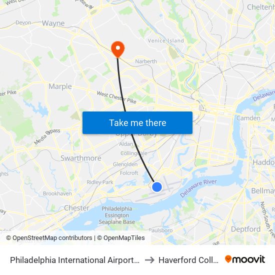 Philadelphia International Airport (Phl) to Haverford College map