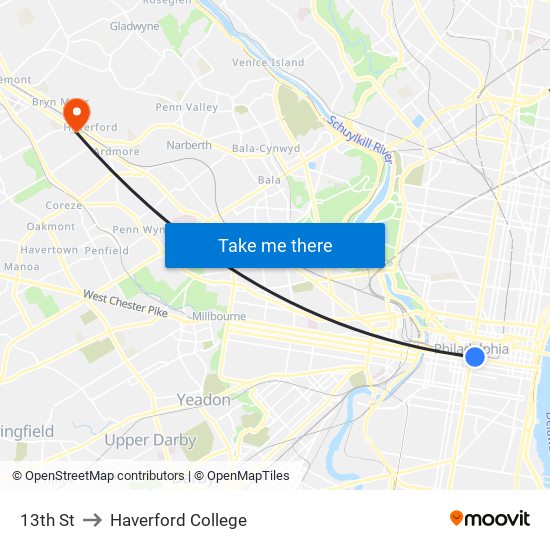 13th St to Haverford College map
