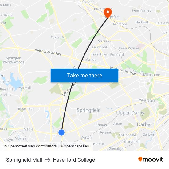 Springfield Mall to Haverford College map