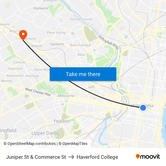 Juniper St & Commerce St to Haverford College map