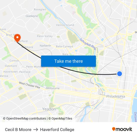 Cecil B Moore to Haverford College map