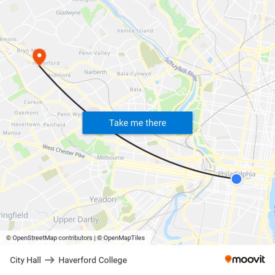 City Hall to Haverford College map