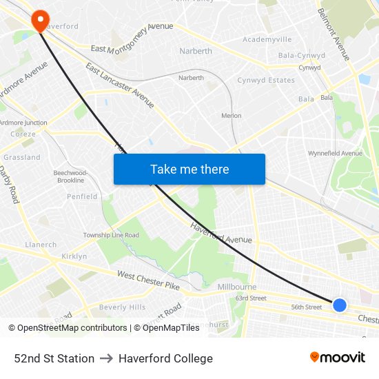 52nd St Station to Haverford College map