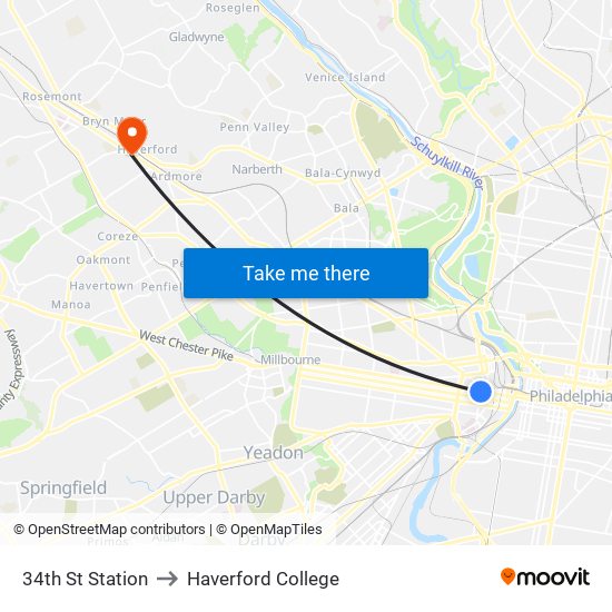 34th St Station to Haverford College map