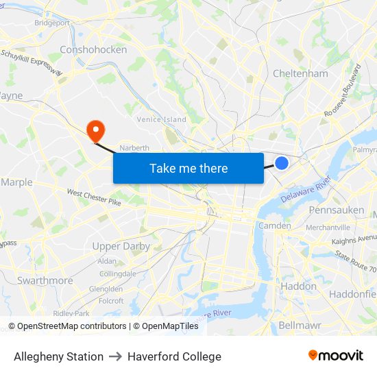 Allegheny Station to Haverford College map