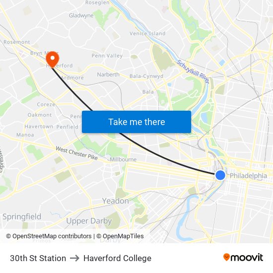 30th St Station to Haverford College map