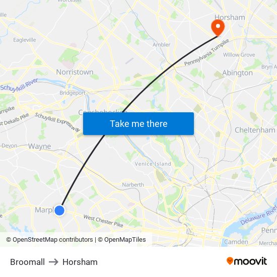 Broomall to Horsham map