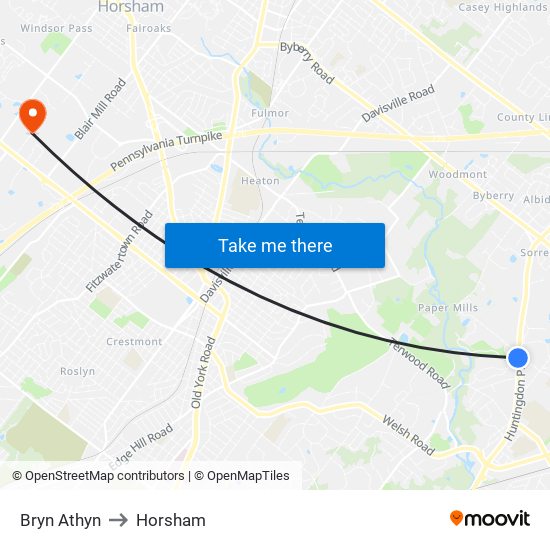 Bryn Athyn to Horsham map