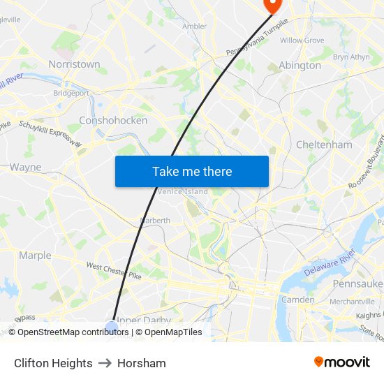 Clifton Heights to Horsham map