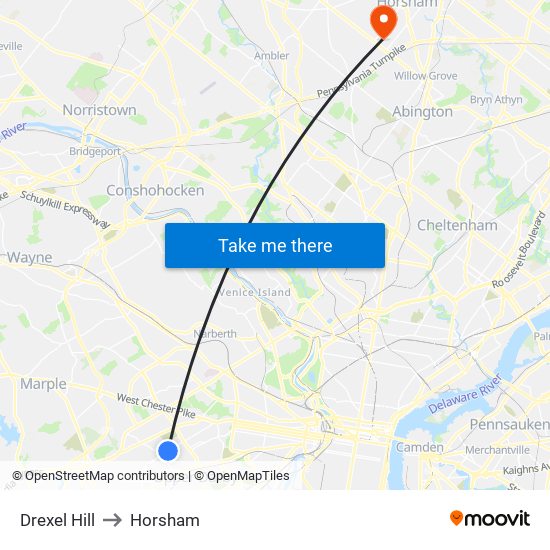 Drexel Hill to Horsham map