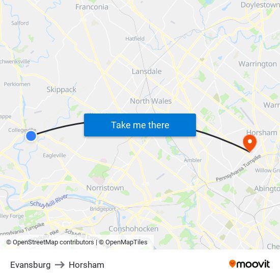 Evansburg to Horsham map