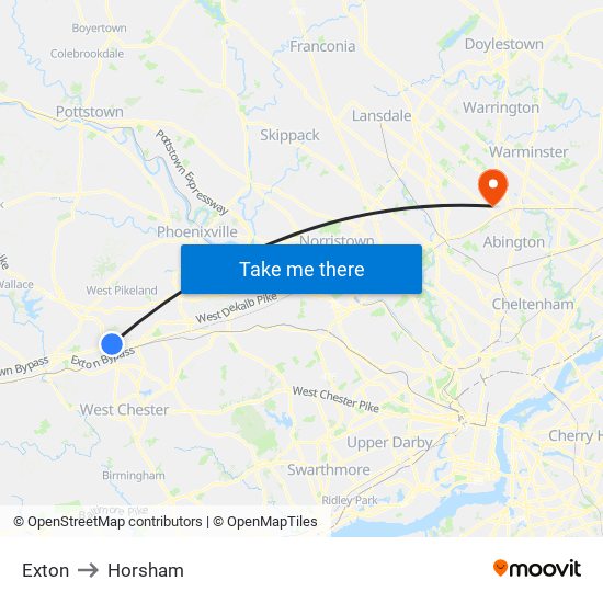 Exton to Horsham map