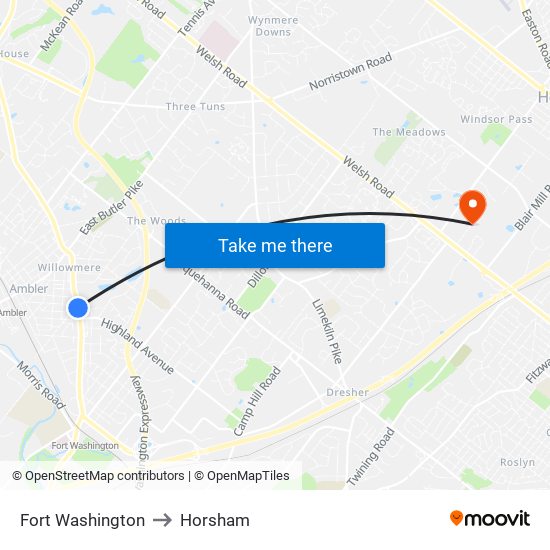 Fort Washington to Horsham map