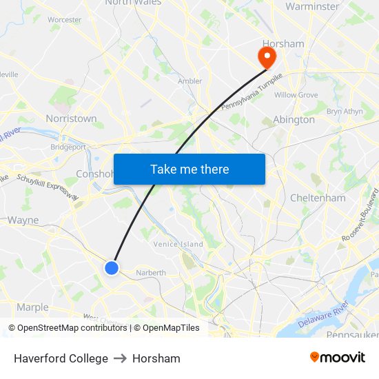 Haverford College to Horsham map