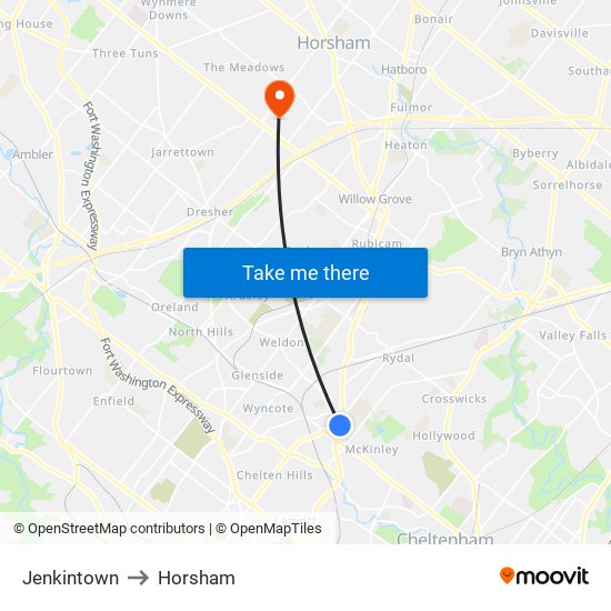 Jenkintown to Horsham map