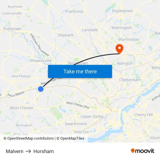 Malvern to Horsham map